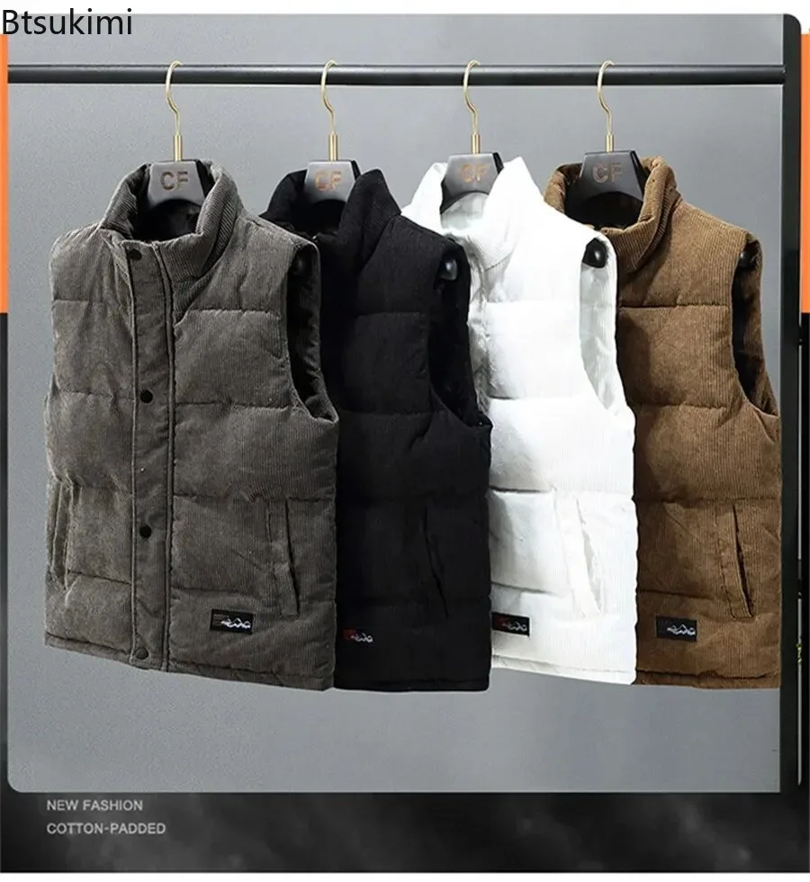 

Vest Jackets Autumn Winter Men's Stand Collar Warm Sleeveless Casual Down Cotton-Padded Vests Thickened Corduroy Warm Coats Male