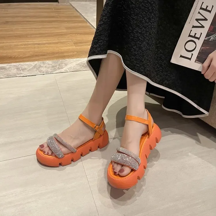 Women\'s Fashion Sandals All Match Platform Gladiator Shoes Mid-heel Open-toed One-line Buckle Sandals Comfortable and Simple