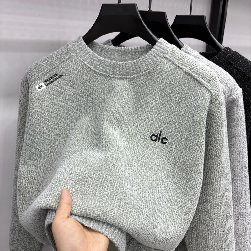 

2025 New Winter Ferret Fleece Thickened Half High Neck Sweater for Men, Loose and Casual Embroidered Trendy Knitted Sweater