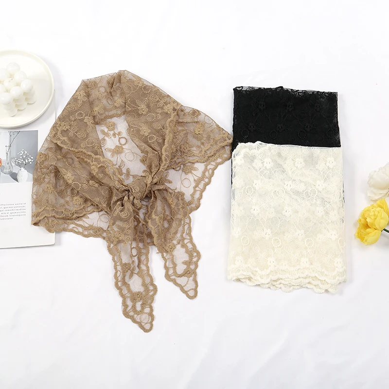 Stylish New Plain Triangle Hijab For Women Scarf Lace Shawl Wraps Embroidery Elegant Summer Thin Sunscreen Scarves Shawl