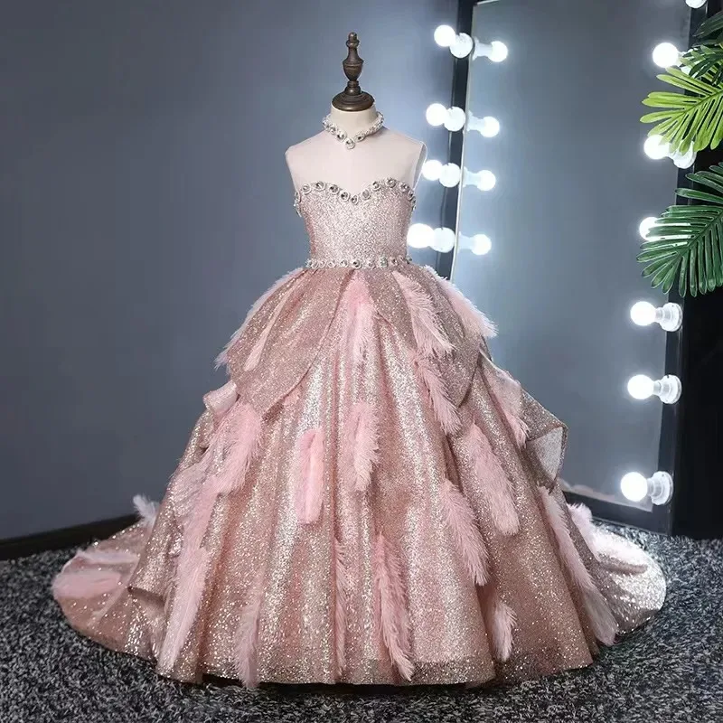 Robes de demoiselle d'honneur rouges brillantes pour mariage, plumes de cristal, fête d'anniversaire pour enfants, première communion, tout ce qui est personnalisé