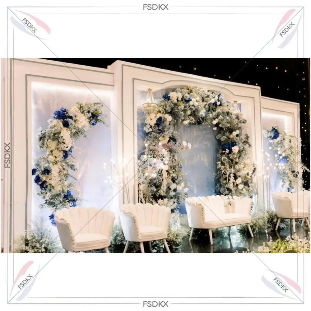New Customized Led Light White Stage Large Square Acrylic Backdrop Stand with Flowers