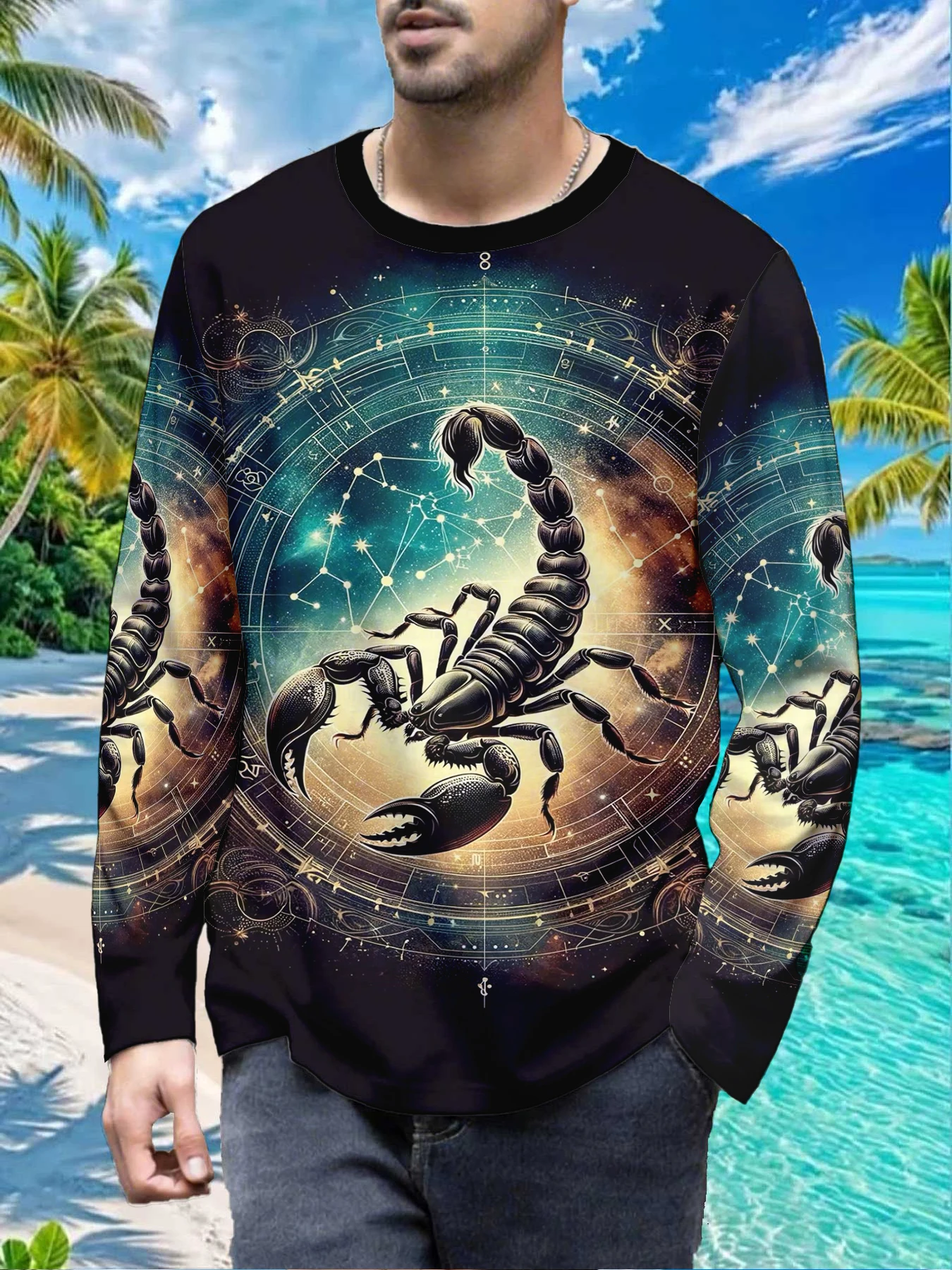 Twelve Constellation Scorpio Star Sky Astrology Mens Polyester Long Sleeve T Shirt Mystic Scorpion Print Graphic Tee Casual Stre