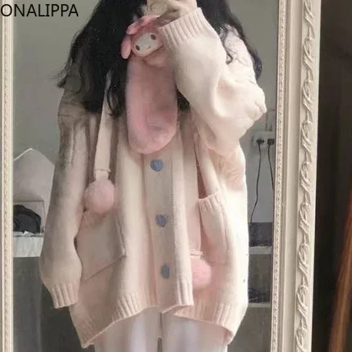 Onalippa Sweet Hooded Knitted Women Cardigan Balls Single Breasted Chic Buttons Cardigans Korean Chic Hemp Pattern Sweaters