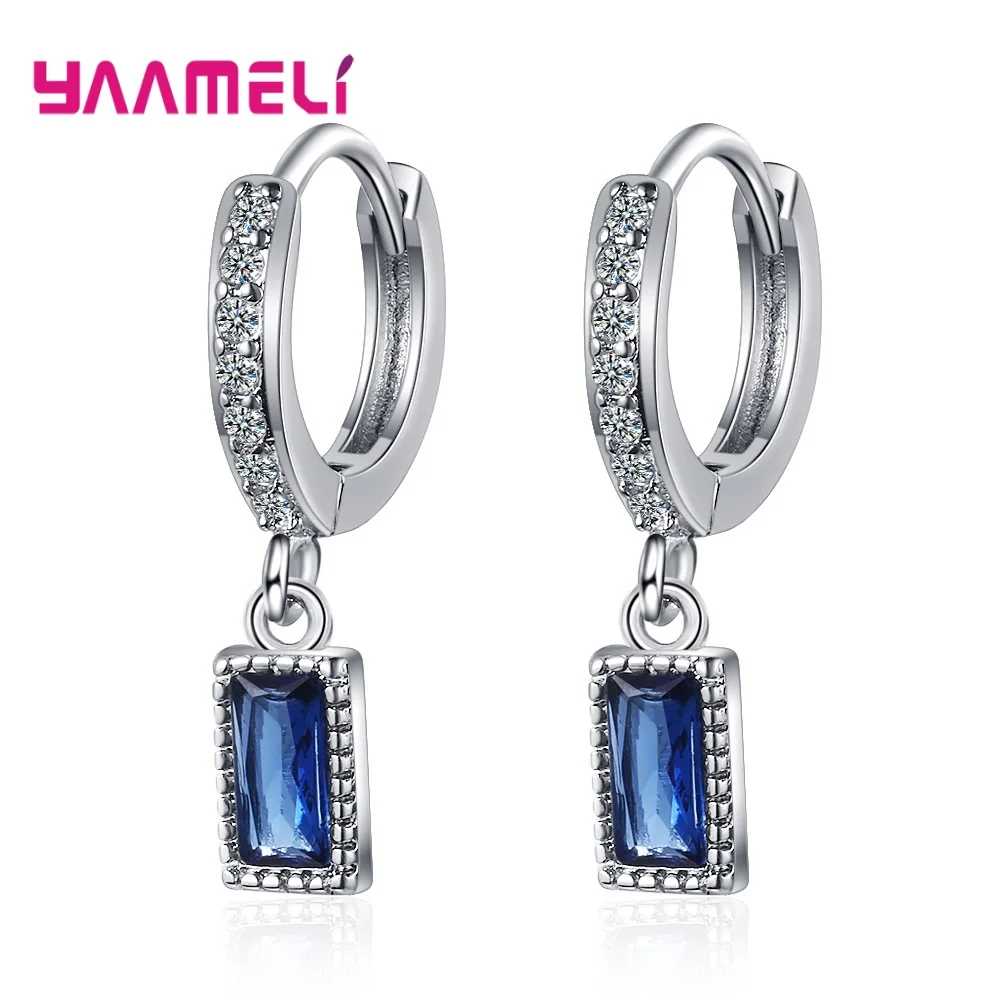 Vintage Women Dangle Pendientes 925 Sterling Silver Blue Sapphire Rectangle Cubic Zircon Lever Back Huggie Earrings Brincos