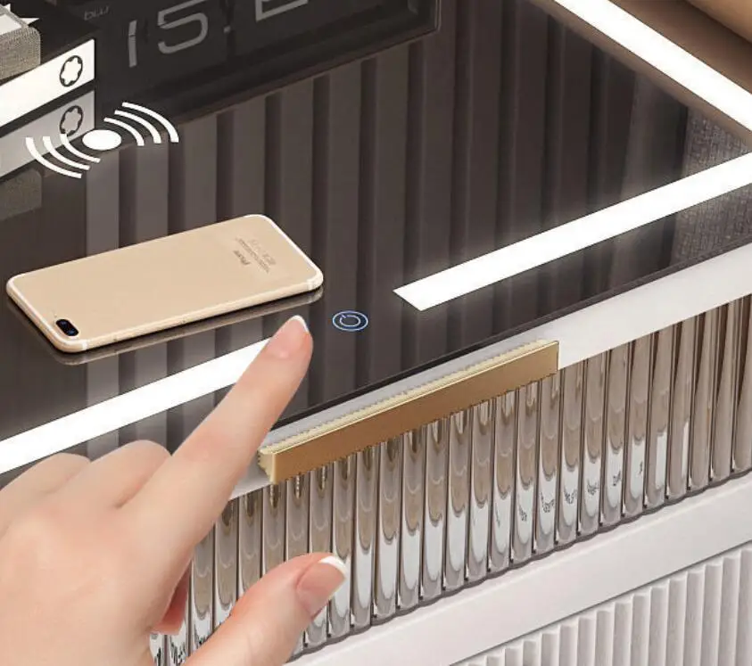 Moderner, leichter Nachttisch aus Holz mit Felsplatte, kabelloses Laden, intelligentes Design für Zuhause, Hotel, Schule, Schlafzimmermöbel