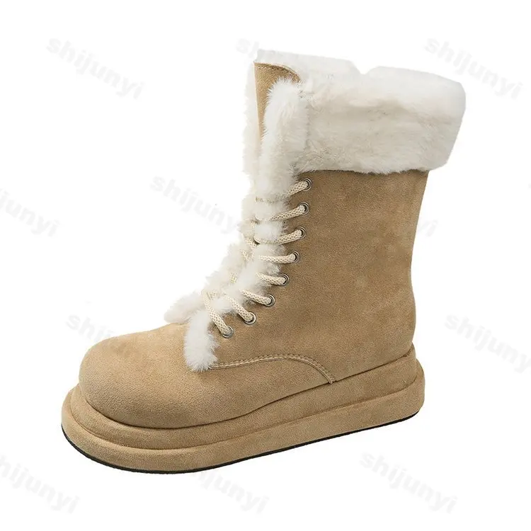 2024 neue verdickte Plüsch Schneeschuhe Frauen Winter Kunst pelz Mid-Calf Stiefel Frau Schnür Schneeschuhe Damen flache warme Baumwoll schuhe