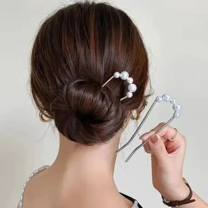 Korean U Shaped Pearl Hairpins Hair Clips for Women Elegant Style Metal Forks Vintage Pearl Hairpins Hair Styling Tools Gifts