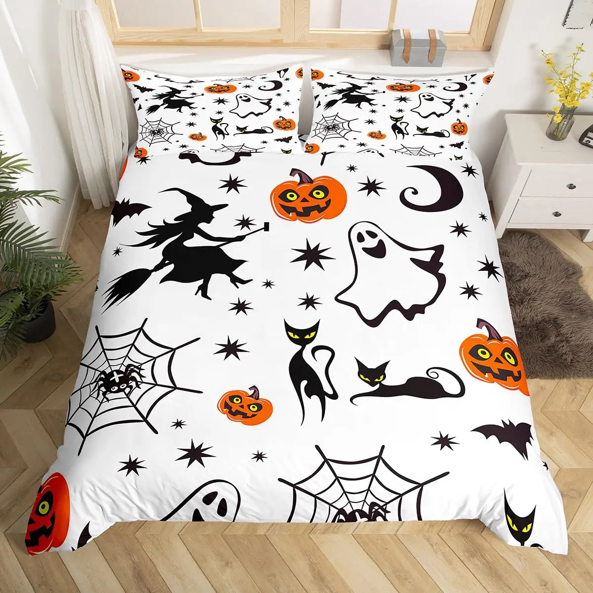 Halloween Black Cat Bedding Set Cartoon Bats Comforter Cover Gothic Pumpkin Lantern Duvet Cover Dark Shadows Skull Quilt Cover