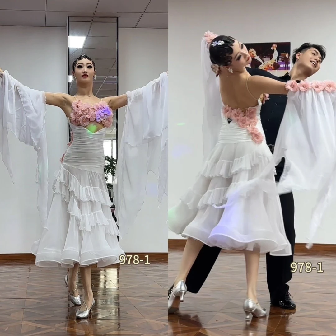 

Custom Size Ballroom Dance Dress White Waltz Dance Costumes Flowers White Long Dress Prom Tango Performance Dresses BL18441