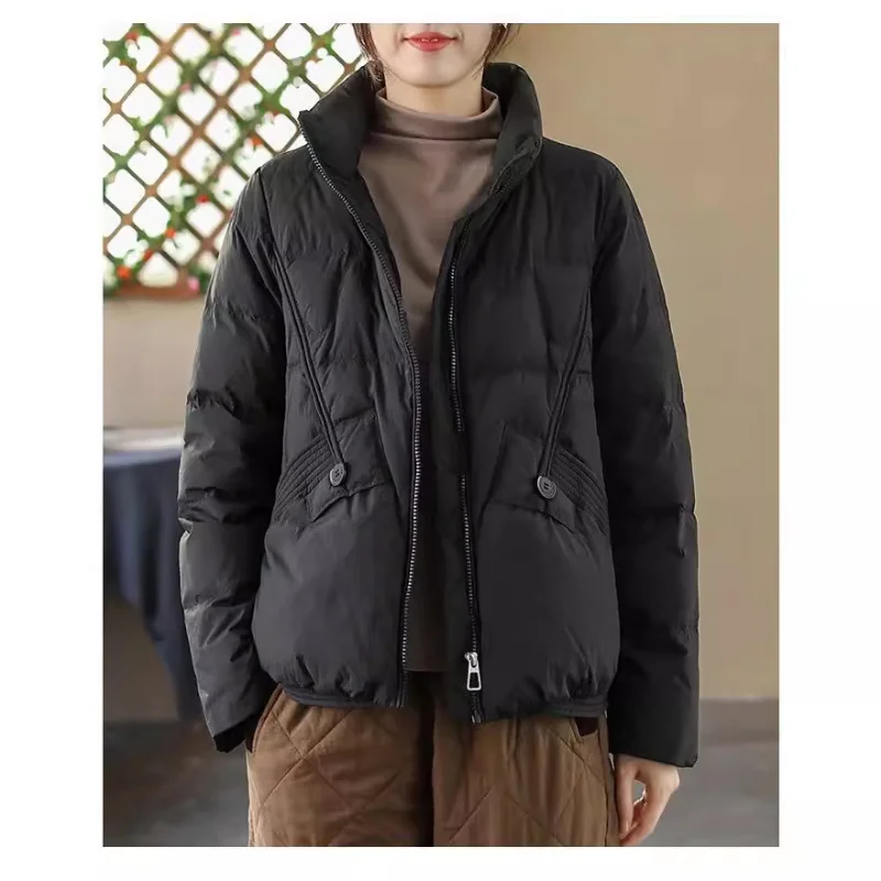 Manteau en duvet Slash Design pour femmes, col montant, veste en duvet ample, vêtements d'extérieur décontractés chauds, design coréen, hiver