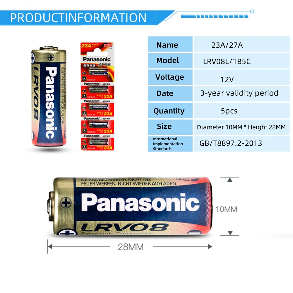 Panasonic 5PCS 27A /23A 12V 23GA A23S/A27 Alkaline Battery Long-Lasting Power Battery 23A