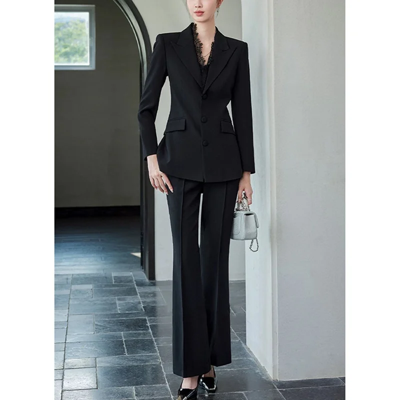 Traje profesional de talla grande con diseño de encaje para mujer, chaqueta de estilo coreano, tela de poliéster gruesa, no requiere planchado