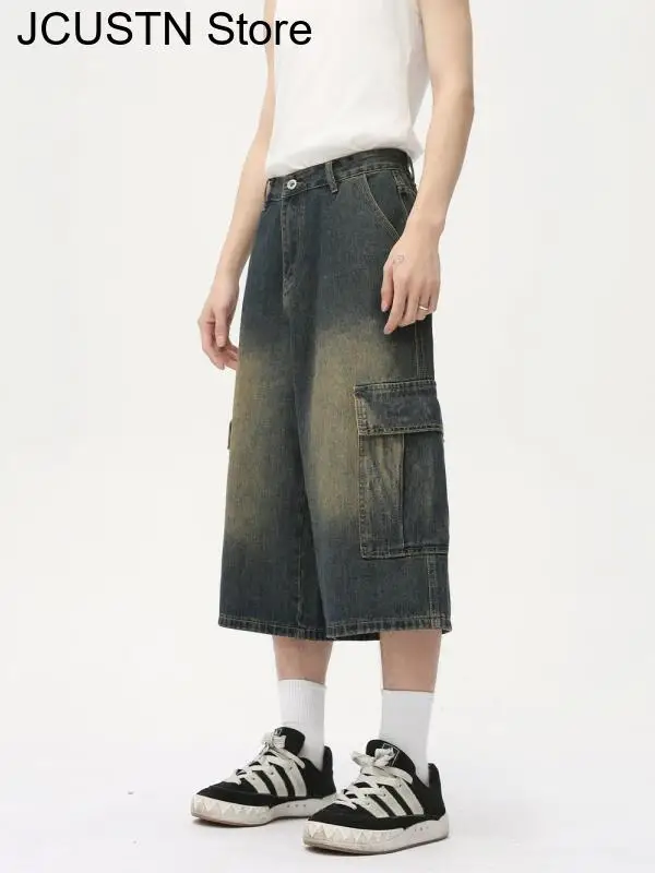 Summer New Elastic Vintage Multi-Pocket Tool Denim Shorts Loose Men's Plus Size Jeans Elastic Comfortable Breathable Short Pants