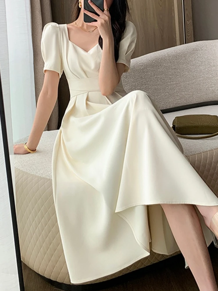 Donne estate moda coreana a-line Midi Party Dress elegante Casual Slim Chic compleanno Solid Vestidos femminile formale Mujers nuovo