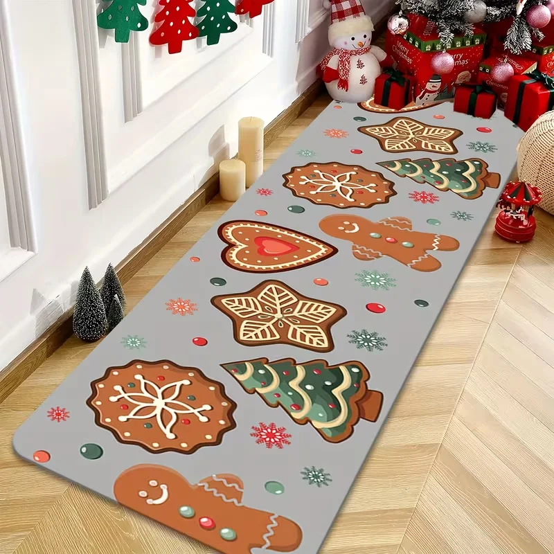 Christmas Runner Rug Gingerbread Man Cookie Print Carpet Hallway Entryway Bedroom Bedside Rug Cute Xmas Festival Indoor Decor