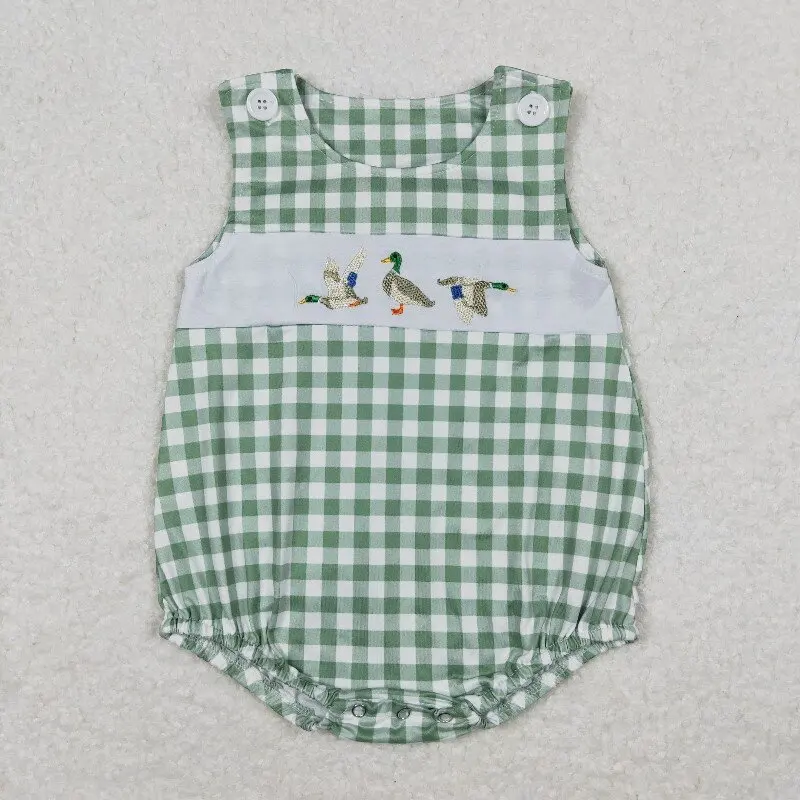 

X12.17 SR1066 Summer Casual baby boy romper embroidered duck checkered Romper