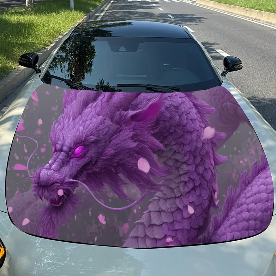 

Виниловые обертывания на капот автомобиля из ПВХ с фиолетовым драконом в стиле фэнтези, самоклеящаяся водонепроницаемая наклейка на капот автомобиля, украшения автомобиля