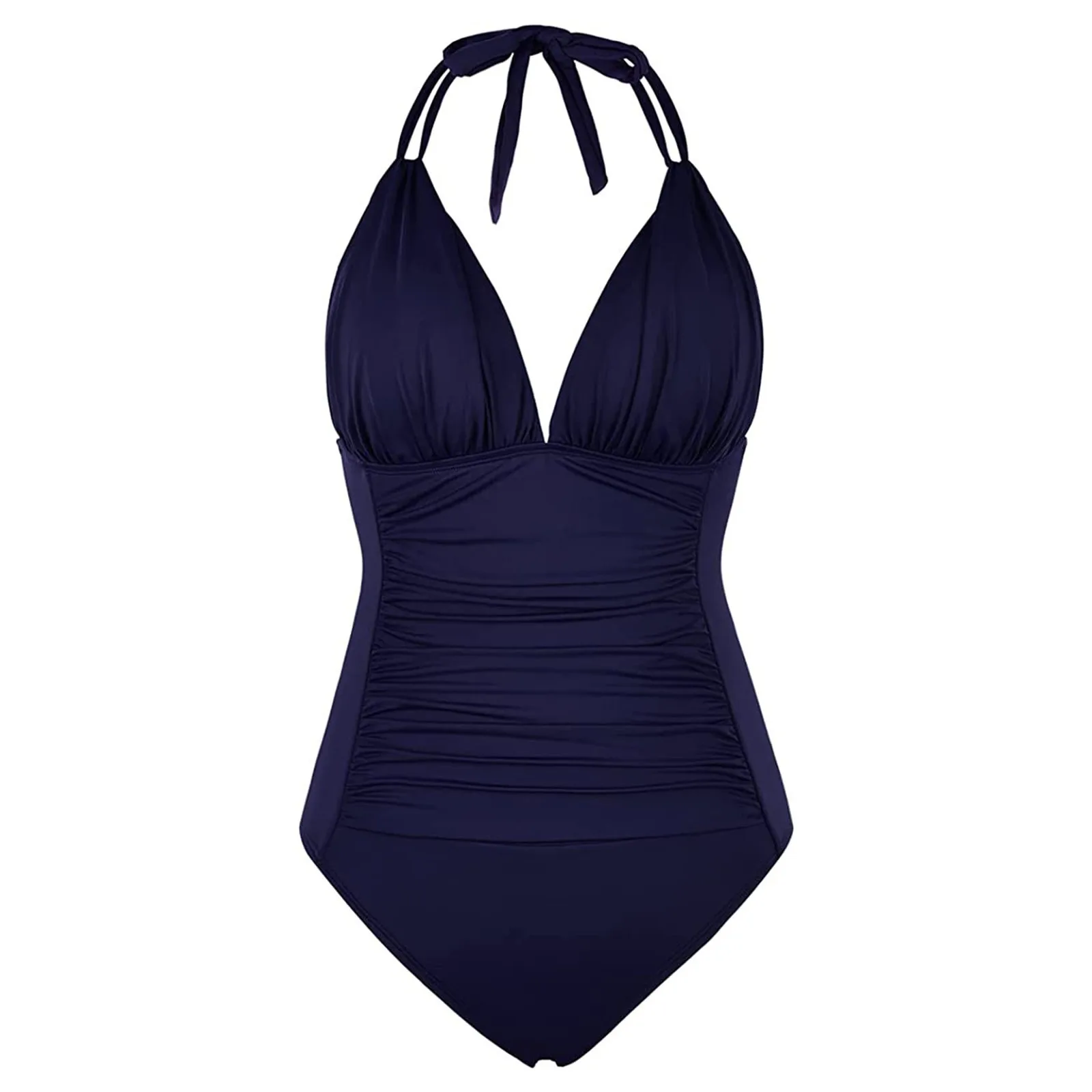 One piece Swimsuit 2023 women Solid pleated One piece swimsuit Halter V neck one piece swimsuit Bathing suit  bikini mujer