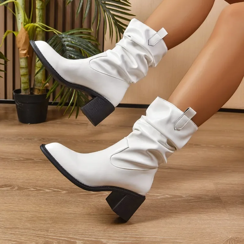 

European and American Booties Winter New Block Heel Black Pointed Toe Women's Mid-leg Boots