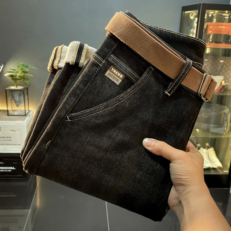 

American high-end winter new thin velvet thick jeans men's trendy brand small foot slim fit casual elastic long pants