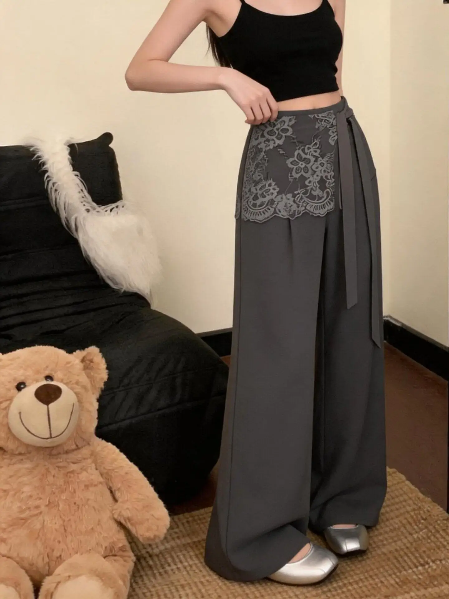 Gray Lace Splice Belted Suit Pants Women's Summer 2026 Slimming Fashion Lightweight Straight Casual Trousers Commute Style