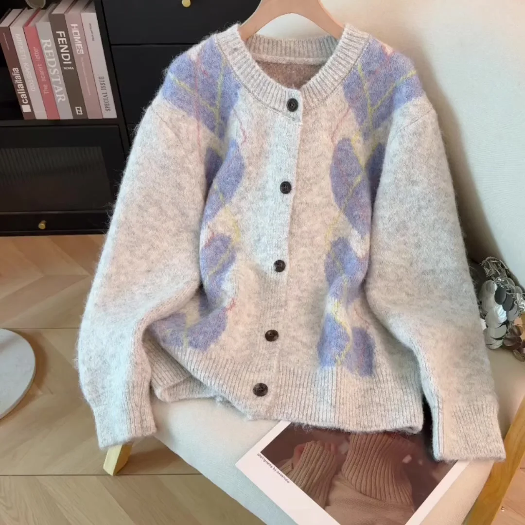 Women's Grey Cardigan Sweater Outerwear 2000s Vintage Jumper Knit Korean Style Long Sleeves Checked Cashmere Sweater For Women