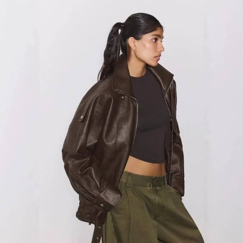 Stand-up Collar for Women Cross-border Bestseller Retro Motorcycle PU Leather Jacket, Zipper Elastic Hem Silhouette Casual Coat.