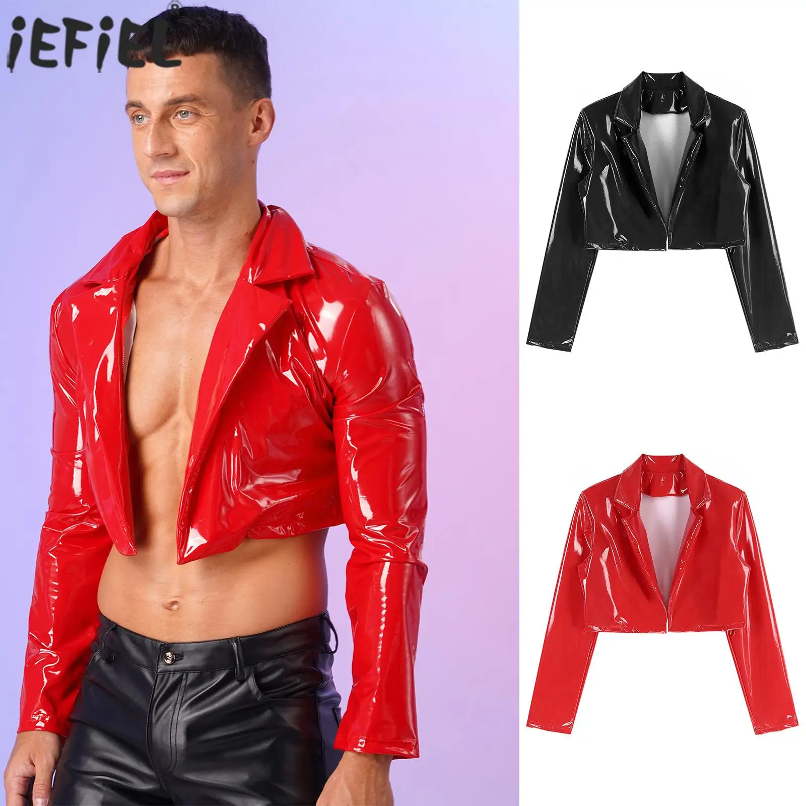 Mens Motorcycle Punk Style Jacket Patent Leather Shiny Jacket Wet Look Long Sleeve Cropped Coat for Party Club Music Festival