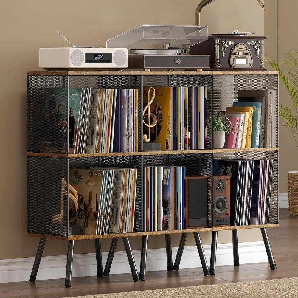 2 Tier Vinyl Record Storage Shelf, Rustic Wood Crate with Adjustable Dividers for Classical Music LP Collection, Home Organizer view 3
