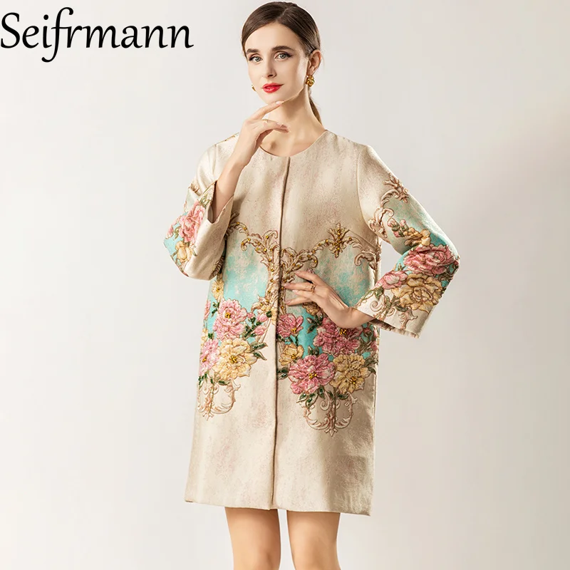 

Seifrmann 2026, весенняя женская одежда, новое модное свободное пальто с круглым вырезом и длинными рукавами, контрастной вышивкой