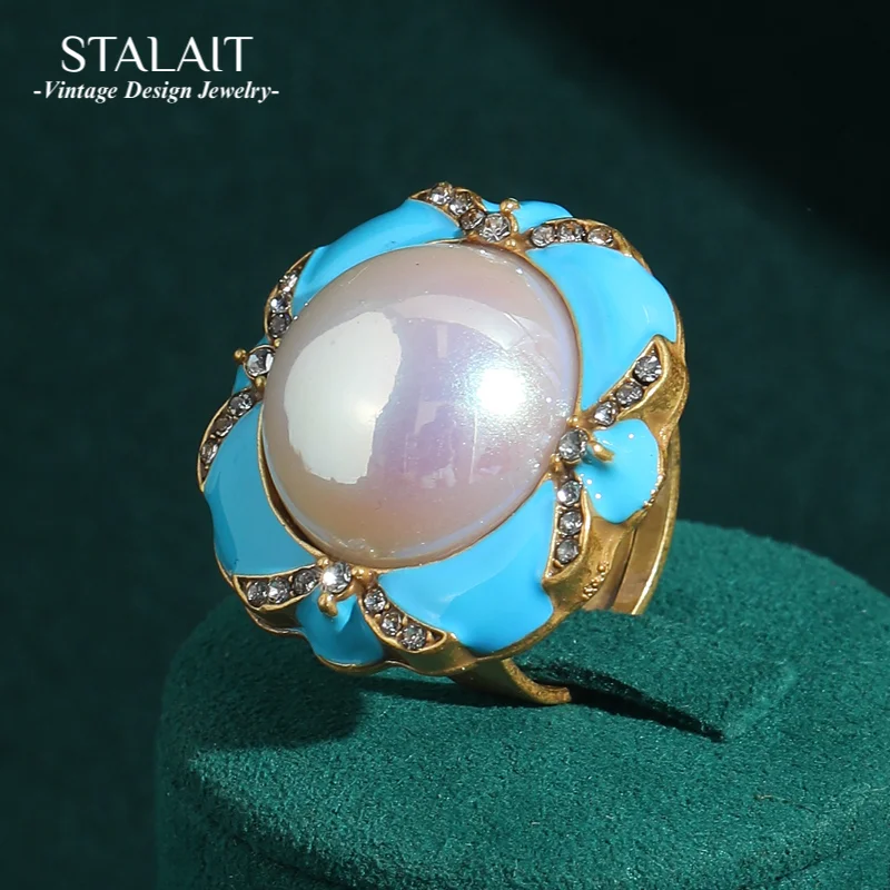 

Vintage Pearl Ring Adjustable Blue Enamel For Woman Luxury Quality Jewelry Trends 2025 Valentine Day Gift Wedding Accessories