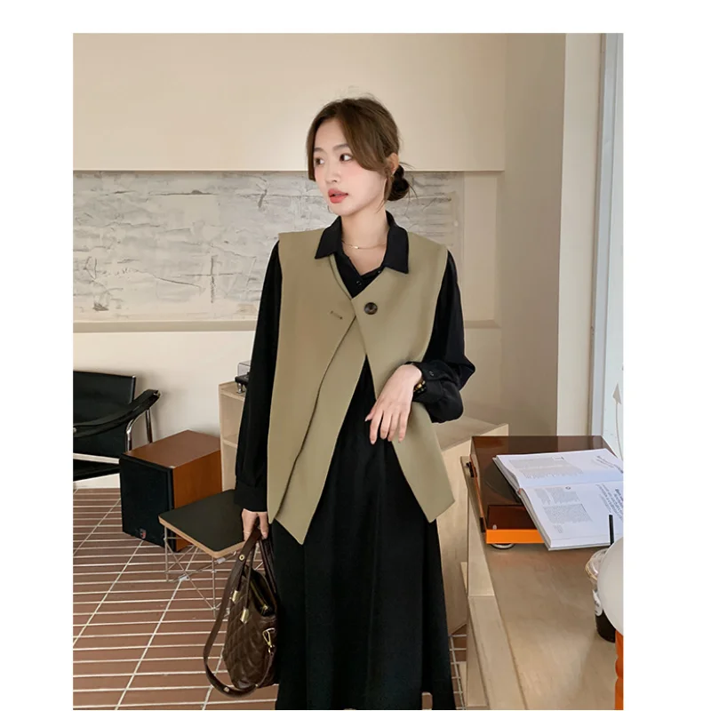 Spring Irregular Suit Vest Shirts Black Dresses Two-Piece Set Waistcoats Sleeveless Single Buckle Lapel V-neck Outfits for Women