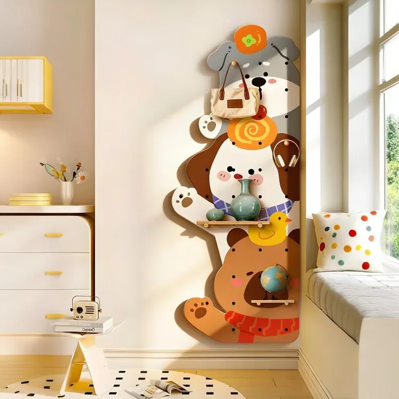 Cartoon TV Background Wall Pegboard Shelf Wooden Stick Hanger Wall Mounted Storage Rack Home Decor Hanging Organizer