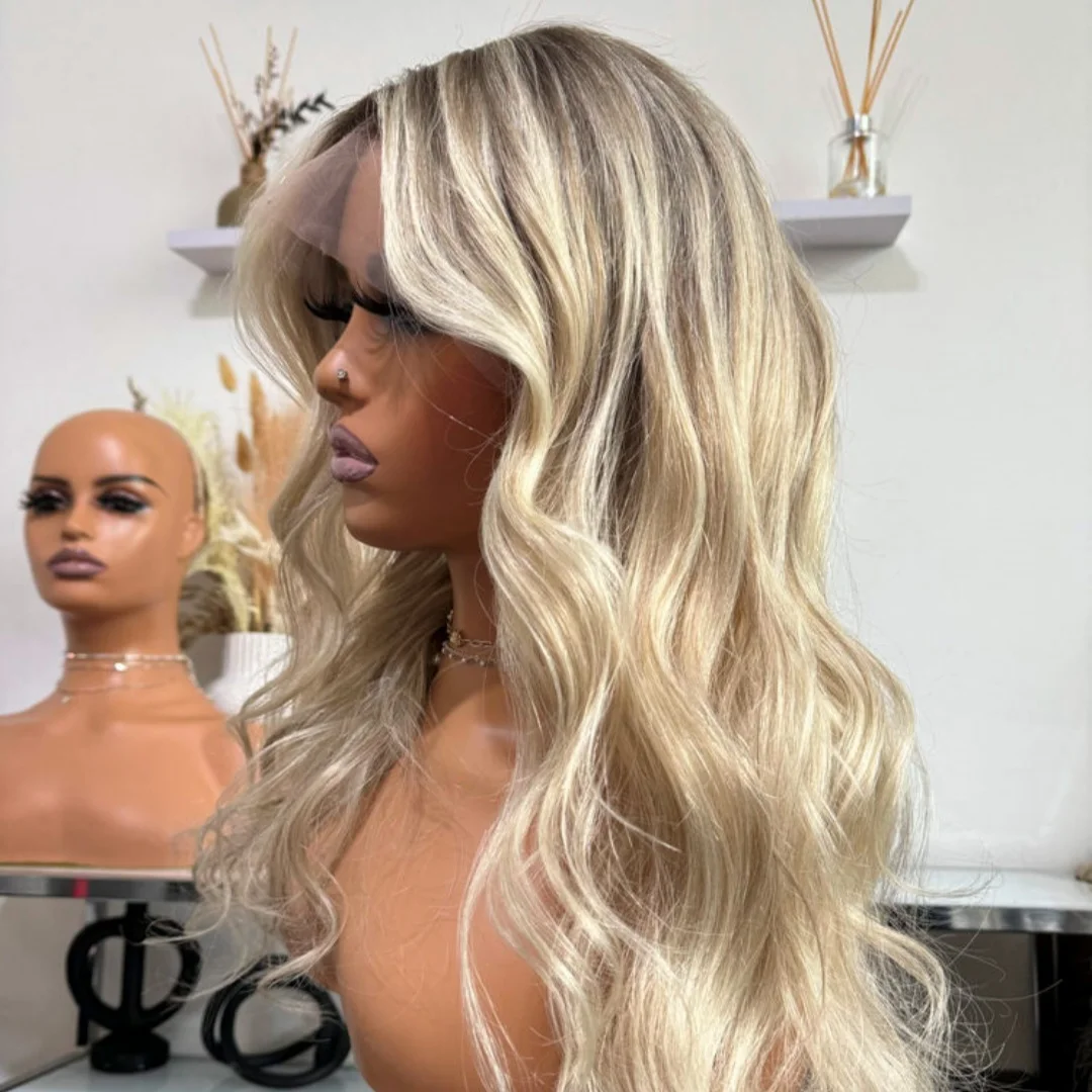 

Balayage Ombre Ash Blonde Synthetic Lace Front Wig With Dark Roots Natural Preplucked Hairline Heat Resistant Wave Futura Wig