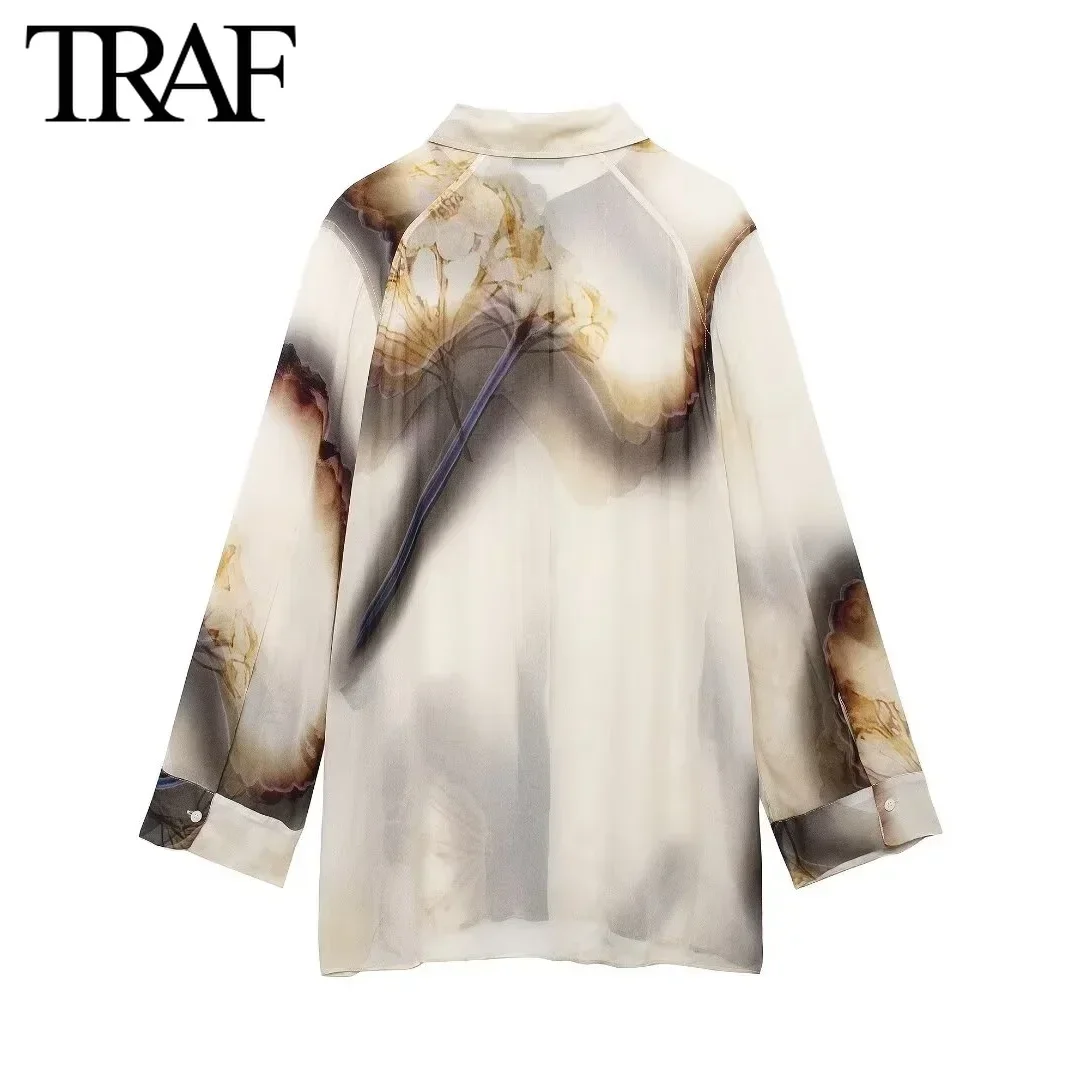 TRAF Women Fashion Spring Autumn New Printed Long Sleeve Single Breasted Lapel Blouse Street Clothing Shirt Chic Ladies Top