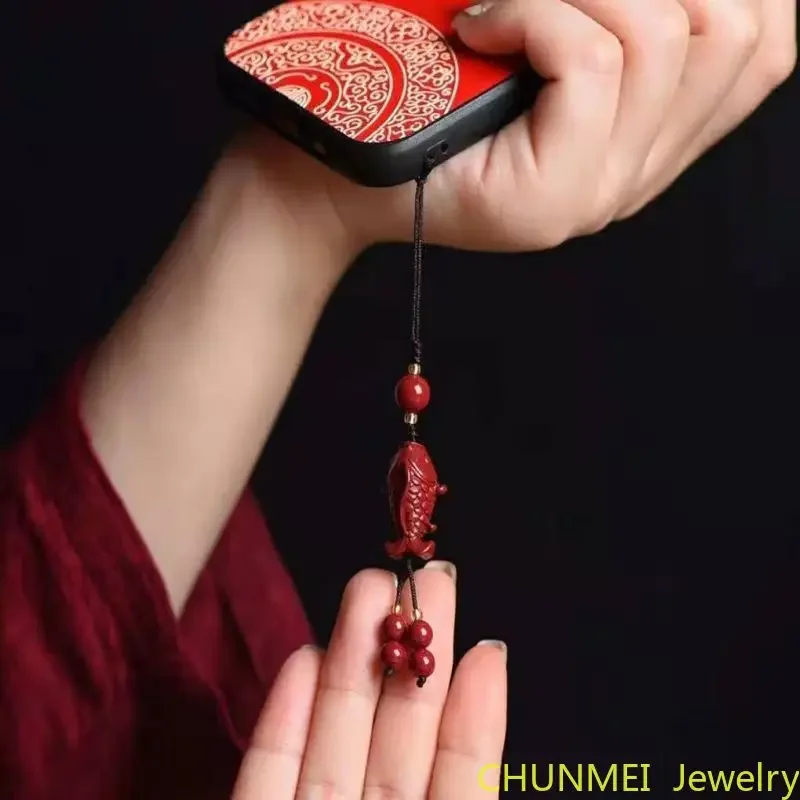 Customized Cinnabar Goldfish Key Chain Organic Jewellery Carved Fashion Chinese Charm Gifts Amulet Bag Buckle Pendant Red