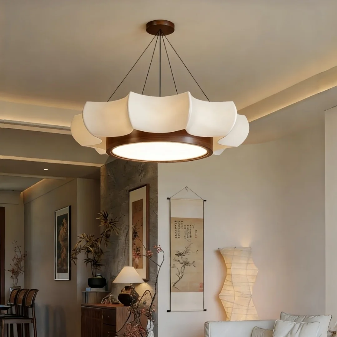 Cream Style Wavy Fluted Chandelier Minimalist Round Pendant Light Living Room Bedroom Dining Room Cozy Modern Home Decor Light