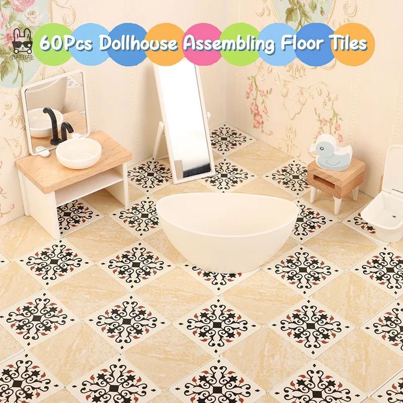 60Pcs 1/12 Dollhouse Mini Wooden Collage Floor Tiles Simulation Retro Wallpaper Model Dollhouse Micro Scene Construction Props