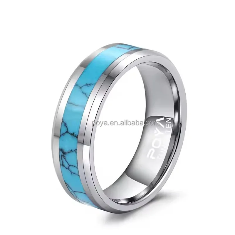 

8mm Tungsten Carbide Men's Ring with Silver Turquoise Inlay Promise Ring Band - Durable Comfort Fit Jewelry
