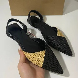 Women's Pointed Toe Sandals Breathable Hemp Flat Slingback Footwear 2024 Summer New Vintage Shallow Leisure Shoes for Ladies