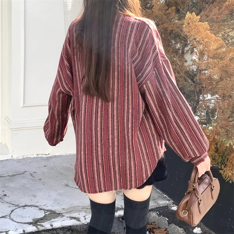 韓国風シングルブレストターンダウンカラーカジュアルトップス秋冬レトロルーズ長袖シャツ厚手ストライプ女性ブラウス