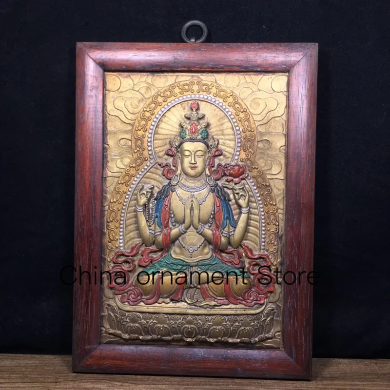 30cm high-quality mahogany framed pure copper relief four arm Guanyin Bodhisattva Thangka