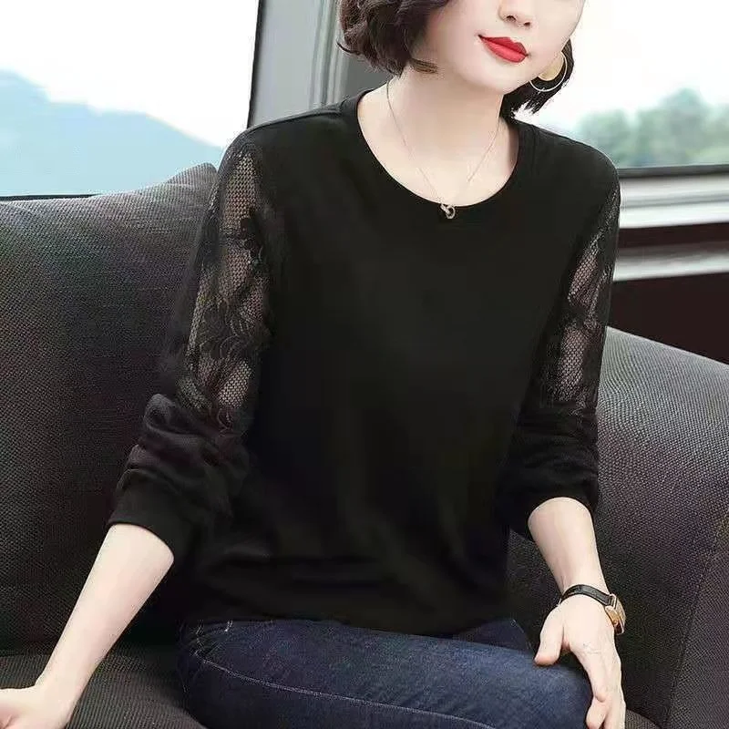 

Faionable Lace Long Sve T-irt Women's Base irt Diamond Heat Pred Autumn Wear Casual Sle round Ne Cotton 00%