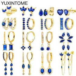 925 Sterling Silver Needle Luxury Blue Zircon Hoop Earrings for Women Water Drop/Heart/Flower Pendant Earrings Fashion Jewelry
