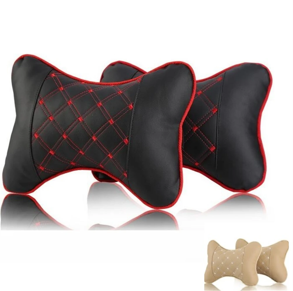 

2 Pieces Car Red Wine Neck Pillows Side Pu Leather Single Headrest Fit For Most Cars Filled Fiber Universal Car Pillow