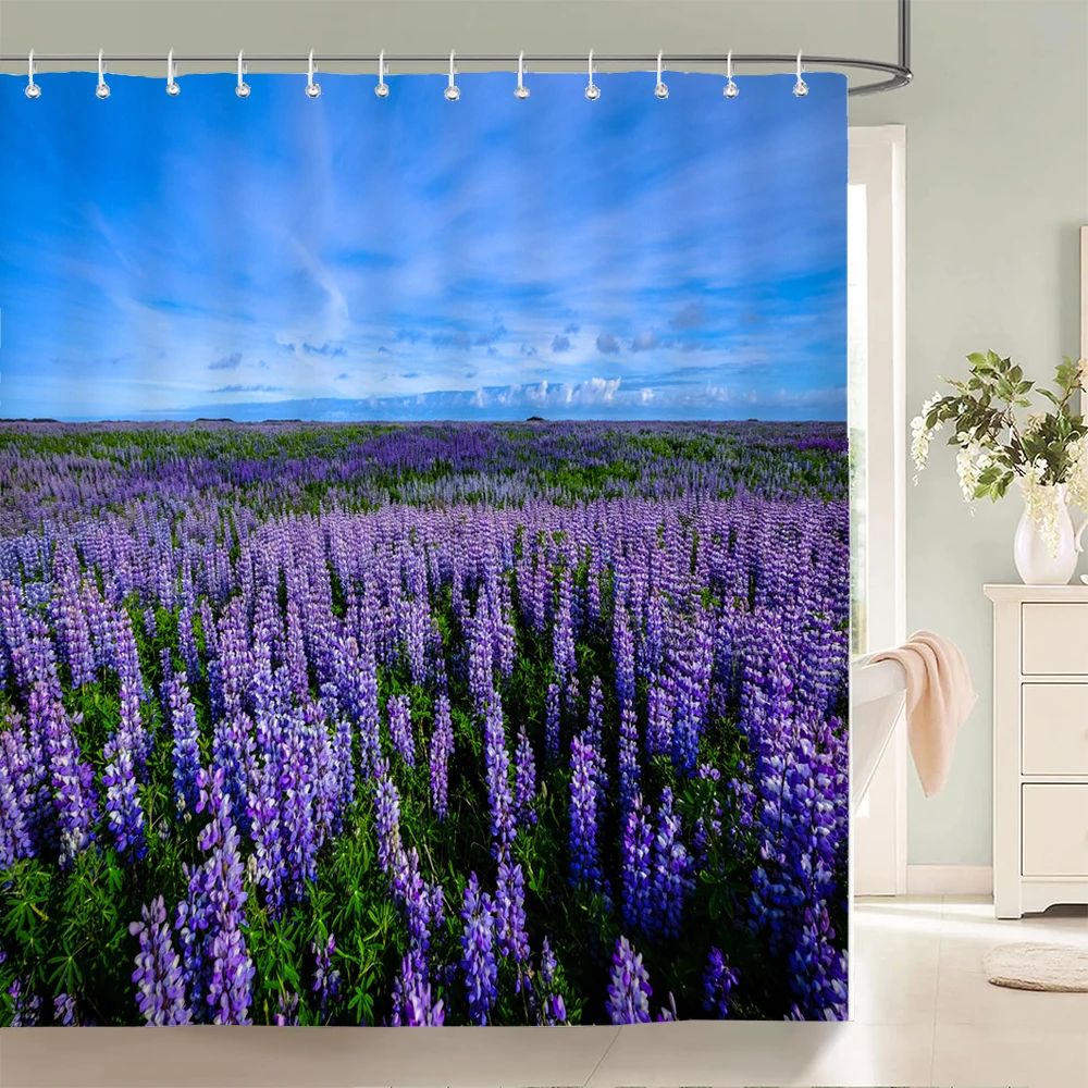 

Flower Landscape Lavender Shower Curtains Bathroom Decor Bath Purple Curtains Waterproof Polyester Fabric 12 Hooks Set Mat