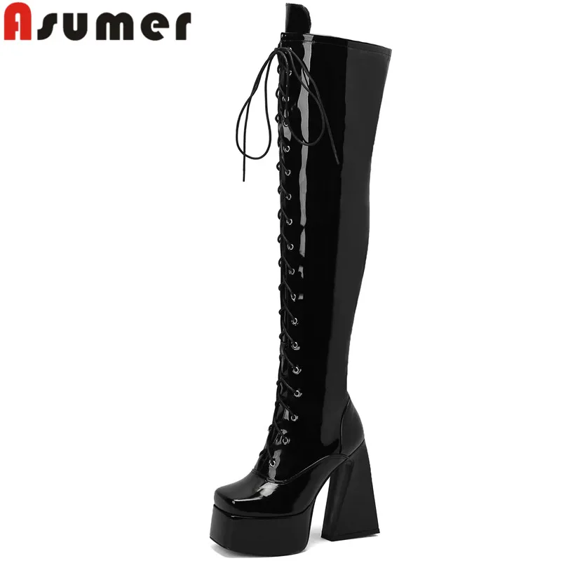 

ASUMER 2023 Size 35-47 New Patent Leather Over The Knee Boots Ladies Platform Zipper Shoes Thick High Heels Winter Boots Woman