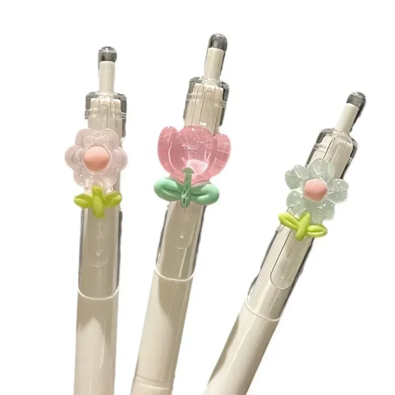 2PCS Cute Flower Gel Pens Quick-Drying Black Ink Aesthetic Kawaii Flower Gel Pen 0.5mm ST Tip Writting Pen Random Color