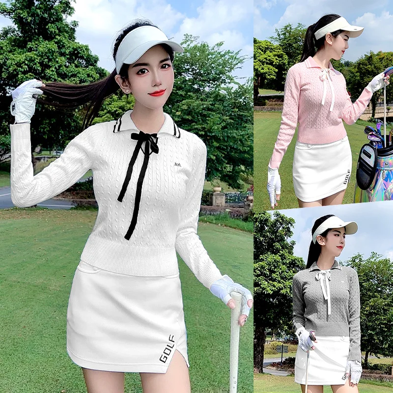 PGM Golf Collared Soft Sweater Short Knitted Top Women's Clothing Top Comfortable, Warm, Fashionable Butterfly Ribbon Top